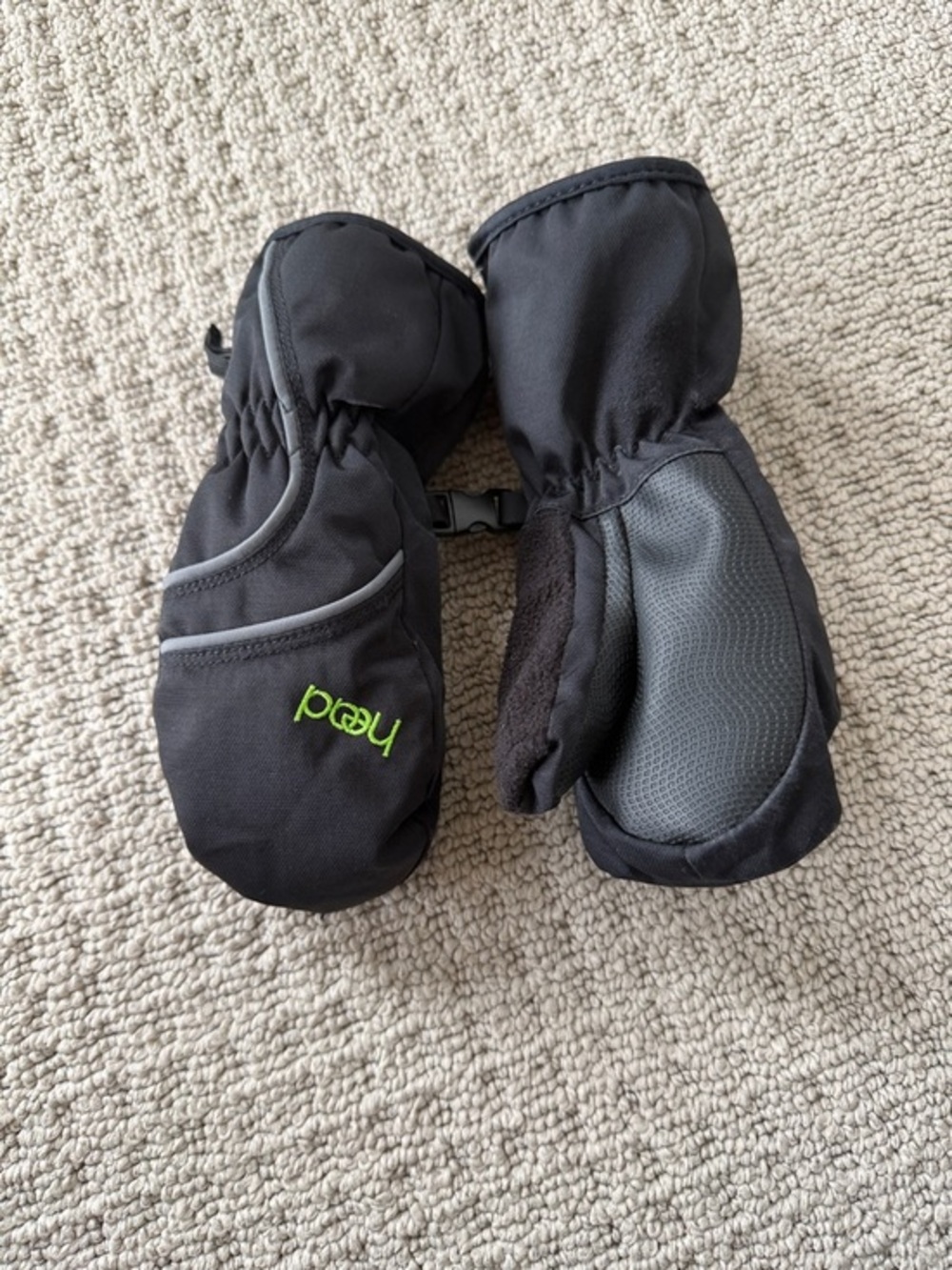 Head Black Kids Mittens with Green Logo